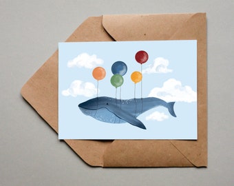 Postcard - Birth card - Christening card - Whale with balloons