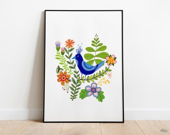 Kunstdruck - Poster Illustration Blauer Vogel Blumen