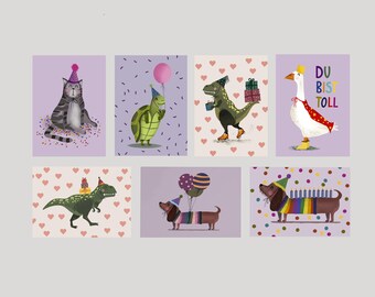 Set of postcards - Birthday cards - Happy Birthday - Dachshund - Dino - Chicken - Bear