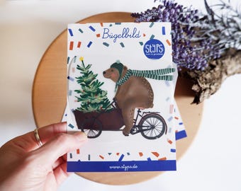 Bügelbild Weihnachtsbär, Bär auf Fahrrad, Bügelpatch zum Aufbügeln für Textilien