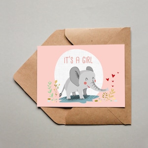 Carte de naissance, c'est une fille, carte bébé, éléphant, félicitations pour la naissance