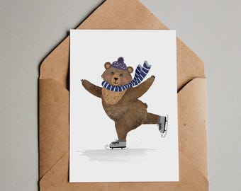 Kerstkaart - Beer op schaatsen