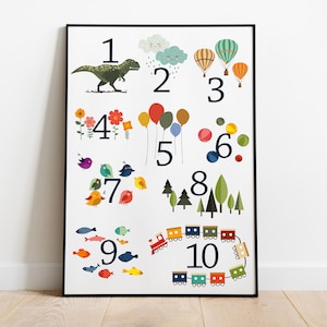 Poster per bambini cameretta dei bambini - numeri da 1 a 10 - animali - palloncini - draghi - poster con numeri