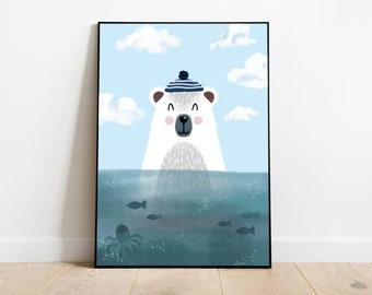 Poster per bambini Poster dell'orso polare - Poster degli animali del marinaio dell'orso polare in mare