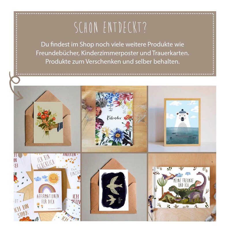 May include: Assortment of greeting cards with various designs, including a floral calendar, a polar bear in the ocean, a rainbow with the text "Affirmations for you", and a card with two birds. The cards are displayed on a light brown surface.