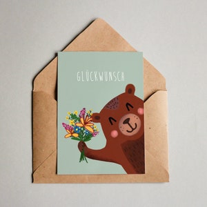 Karte zum Geburtstag, Bär mit Blumenstrauß, Karte Glückwunsch, Geburtstagskarte