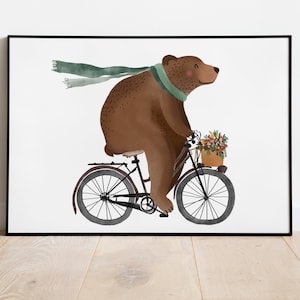 Kunstdruck - Poster - Bär auf Fahrrad - Blumen - Lebensfreude