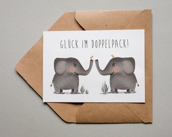 Birth card - Birth twins - Birthday card - Elephant - Happiness in a double pack