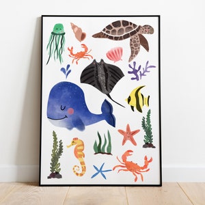 Póster infantil animales - animales del mar - animales marinos - póster habitación infantil ballena, sapo salvaje, cangrejo, pez, medusa