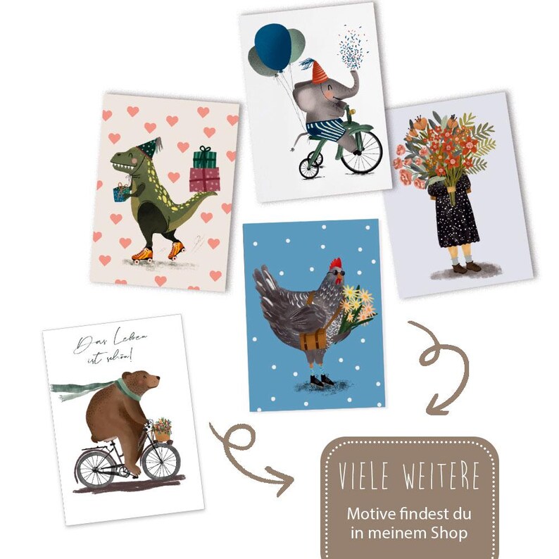 May include: Five illustrated greeting cards featuring various animals. The cards are all white with a colorful illustration on the front. The illustrations include a dinosaur riding a skateboard, a chicken carrying a bouquet of flowers, an elephant riding a bicycle, a bear riding a bicycle, and a person holding a bouquet of flowers.