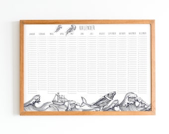 Calendar - Birthday calendar - Annual calendar - Perpetual - maritime - ocean - whale - ship - jellyfish - octopus - wave