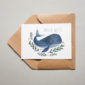 Geboortekaart, Hallo wereld, babykaart, walvis, geboorte felicitatiekaart