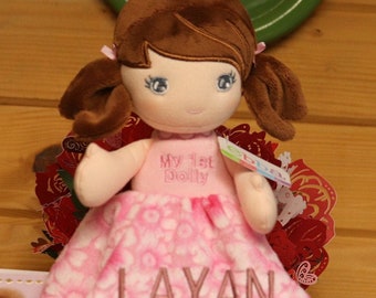 Personalized Rag Doll: Brown Hair, Pink Floral Dress, Embroidered Name