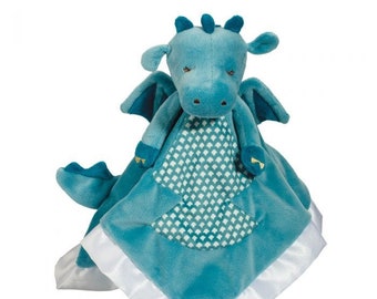 Personalized Dragon Plush Baby Security Blanket: Blue Satin Trim Snuggler
