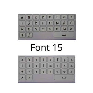 May include: Two images of keyboard layouts with the text "Font 15" in the center. The top image shows uppercase letters, and the bottom image shows lowercase letters. Each keyboard layout has a rectangular design with letter keys.