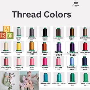 May include: A color chart titled "Thread Colors" displays various thread spools in a grid. Colors include silver, black, brown, purple, and pink, with corresponding numerical codes. The image also shows a baby with a stuffed animal.