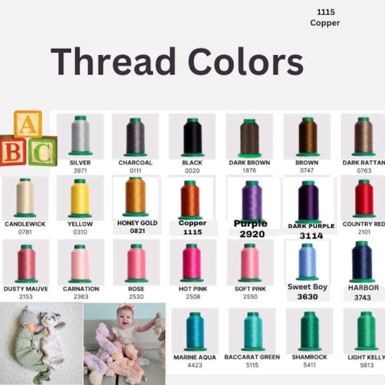 May include: A color chart titled "Thread Colors" displays various thread spools in a grid. Colors include silver, black, brown, purple, and pink, with corresponding numerical codes. The image also shows a baby with a stuffed animal.