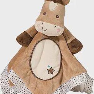 May include: A plush baby security blanket featuring a horse head and a soft, square blanket. The horse is light brown with a white face, brown mane, and embroidered details. The blanket is tan with a white and gray polka dot border and a star applique.