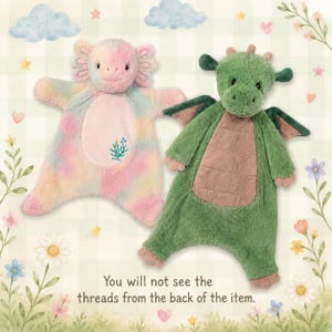 May include: Two plush baby toys: a pastel tie-dye axolotl and a green dragon. The axolotl has a pink belly and embroidered details. The dragon has a brown belly and wings. The toys are on a floral background. Text: You will not see the threads from the back of the item.