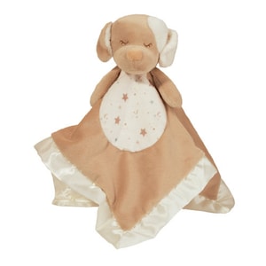 May include: A plush dog-shaped baby security blanket in tan and white. The dog has closed eyes and a white patch on its head. The blanket is tan with a white satin trim and a circular patch with stars and moons.