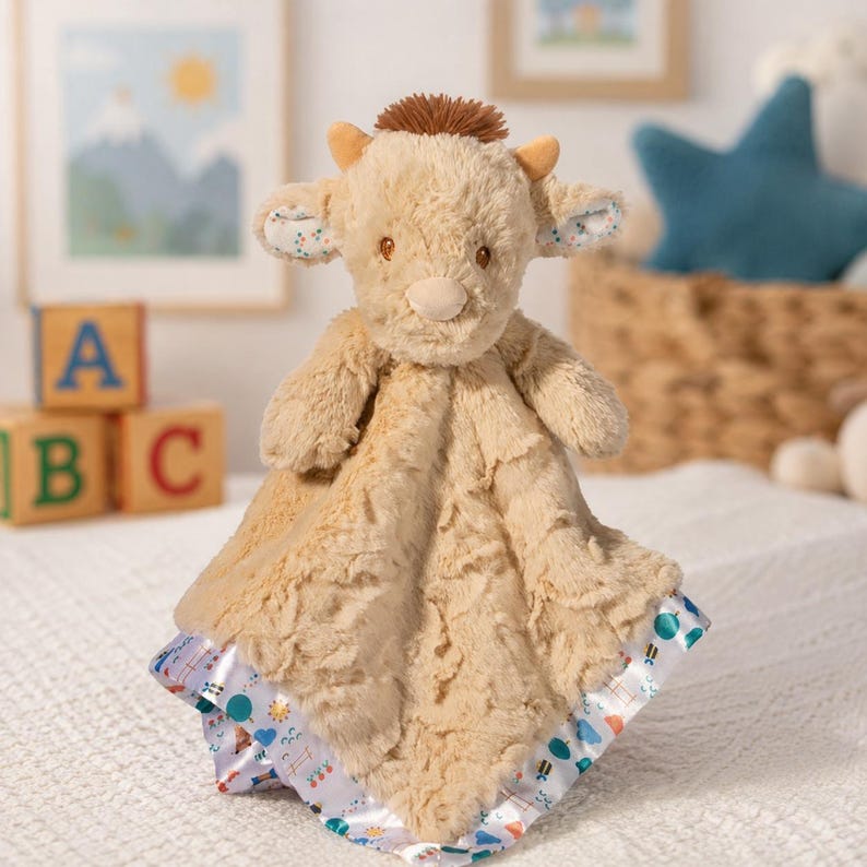 May include: A tan plush security blanket with a cow head and a patterned satin border. The cow has small horns, a brown tuft of hair, and embroidered eyes. The blanket is soft and cuddly, perfect for a baby or toddler.