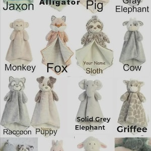 May include: Collection of plush animal security blankets, including an alligator, pig, elephant, monkey, fox, sloth, cow, raccoon, puppy, unicorn, and lamb. Each has a soft, textured body and a patterned blanket.