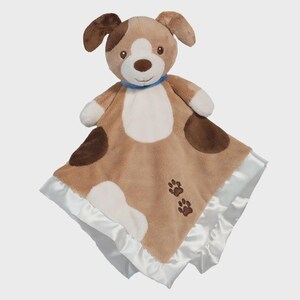 May include: A plush dog-shaped baby security blanket. The dog has brown and white fur, floppy ears, and a blue collar. The blanket is tan with brown spots and white satin trim. Two embroidered paw prints are on the blanket.