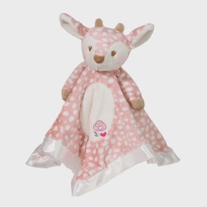May include: A plush baby blanket featuring a pink and white spotted deer with a mushroom design. The deer has brown antlers and ears, with a white satin border. The blanket is designed for infants and toddlers.