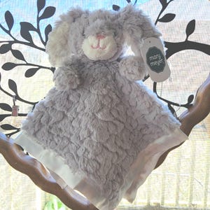 Personalized Grey Bunny Plush Security Blanket: Satin Trim Lovey