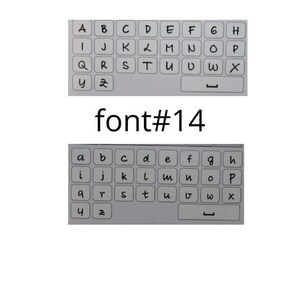 May include: Two keyboard layouts, one with uppercase letters and the other with lowercase letters, are displayed on a white background. The text "font#14" is centered between the two layouts. The keys are gray with black lettering.