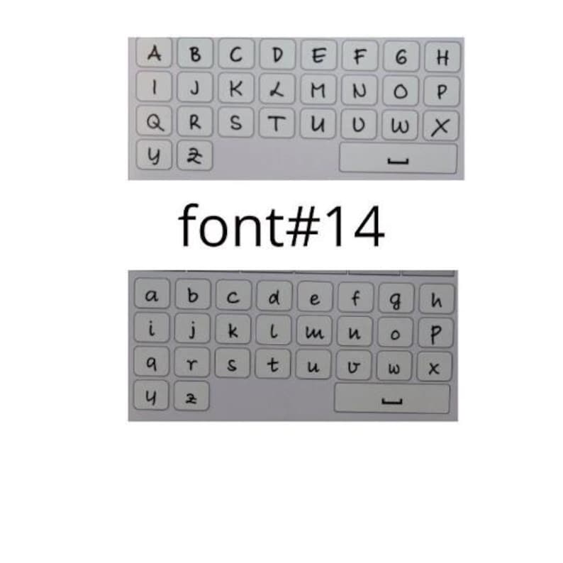 May include: Two keyboard layouts, one with uppercase letters and the other with lowercase letters, are displayed on a white background. The text "font#14" is centered between the two layouts. The keys are gray with black lettering.