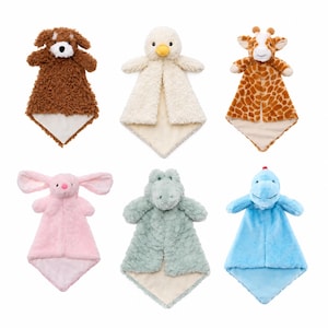 May include: A collection of six plush security blankets featuring animal heads including a brown dog, a white duck, a giraffe, a pink rabbit, a green alligator, and a blue dinosaur, each with a soft textured body and a smooth fabric underside.