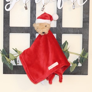 Personalized Christmas Bear Lovey: Red Security Blanket