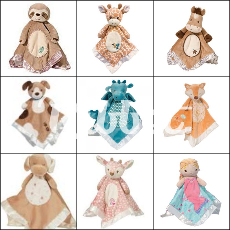 May include: A collection of nine plush baby security blankets. Each blanket features a stuffed animal head, such as a sloth, giraffe, or dog, attached to a square blanket with satin trim. The blankets are in various colors, including brown, orange, and pink.