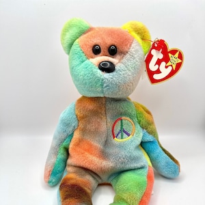 TY Peace Bear Beanie Baby, plush bear collectable, retired tie-dye 4th generation bear, stuffed bear, nursery toy