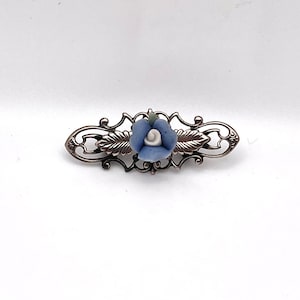 Vintage Light Blue Rose Brooch- Silvertone Filigree Setting, Vintage Rose Pin