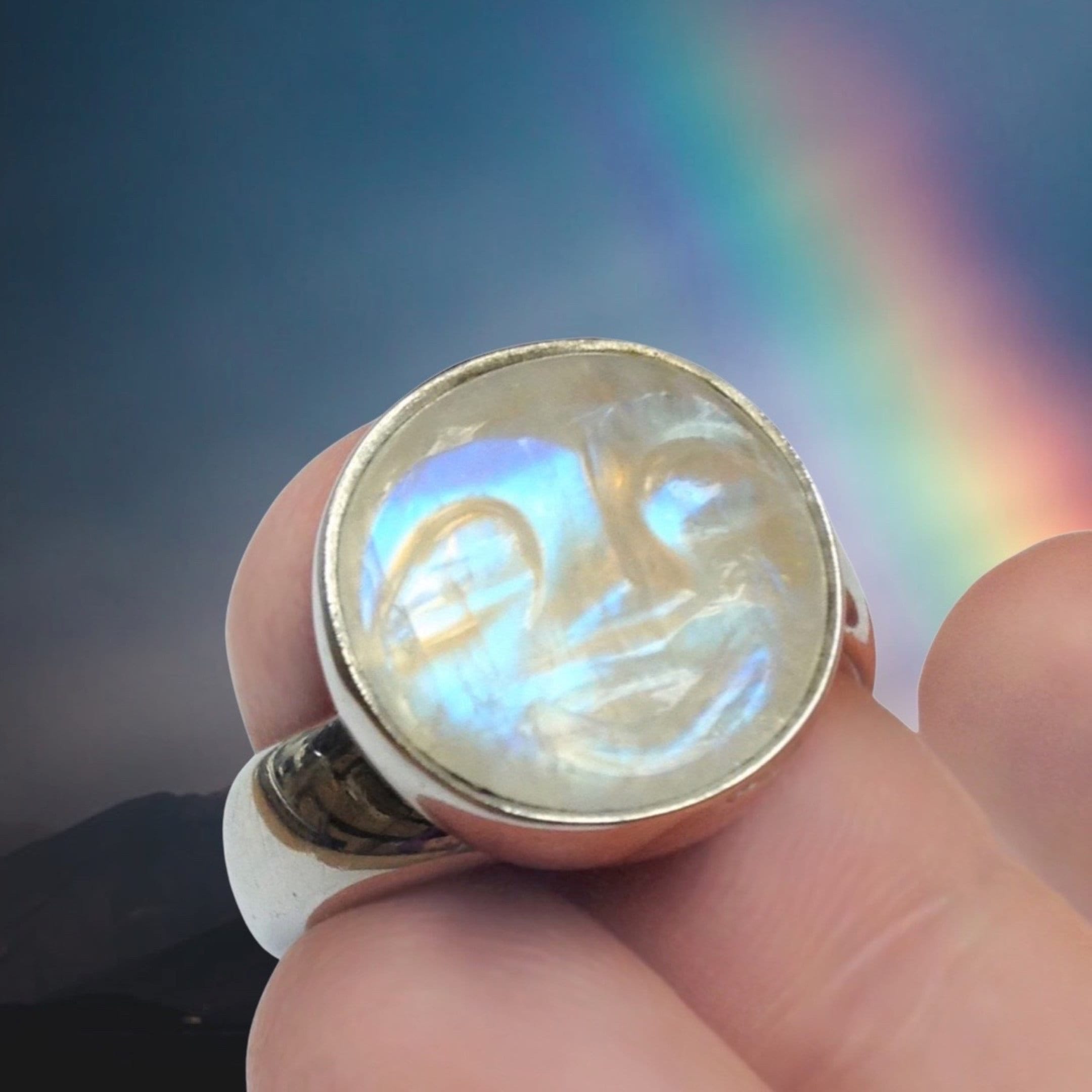 Moon Face Ring. Hand Casted Full Moon in Brass Gold Setting. 