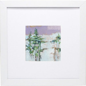 Small Landscape Painting, Small Original Art, Mini Abstract Painting, Green, Purple, white, OOAK art, Ready to Frame Art, 12x12 framed art