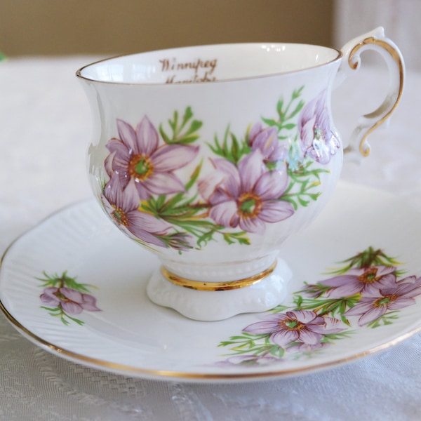 CUP & SAUCER SET by Elizabethan Fine Bone China - Canadian Provincial Flower Series - Crocus - Winnipeg Manitoba - Vintage - Made in England