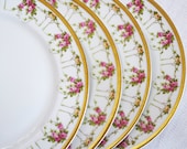 Limoges T V SALAD PLATES - Antique French Porcelain Circa 1907-1919 France - Pink Roses Floral Swag Gold Trim - Set of 4 - Dessert Tea Party