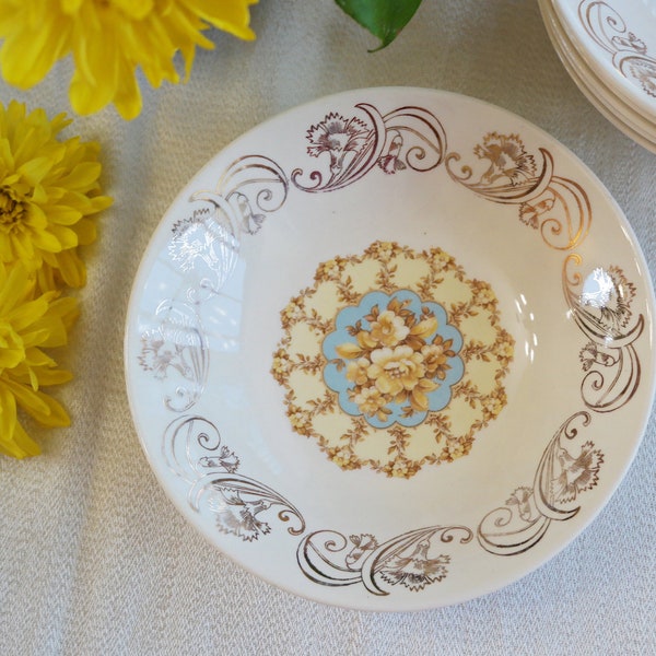 Warwick China VINTAGE DESSERT BOWL Vienna Pattern - 22K Gold Filigree - Ivory Blue Yellow Scrolls Flowers - Berries, Fruits, Ice Cream Bowls