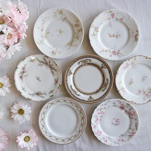 May include: Set of seven vintage floral patterned porcelain dessert plates. The plates are white with pink and green floral designs.