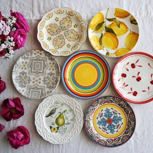 MISMATCHED CERAMIC PLATES - Size 8.5" to 9.25" - Salad Plates - Country Kitchen - Fiesta Mix - Red Blue Yellow Orange - Priced Per Plate!