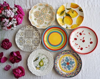 MISMATCHED CERAMIC PLATES - Size 8.5" to 9.25" - Salad Plates - Country Kitchen - Fiesta Mix - Red Blue Yellow Orange - Priced Per Plate!