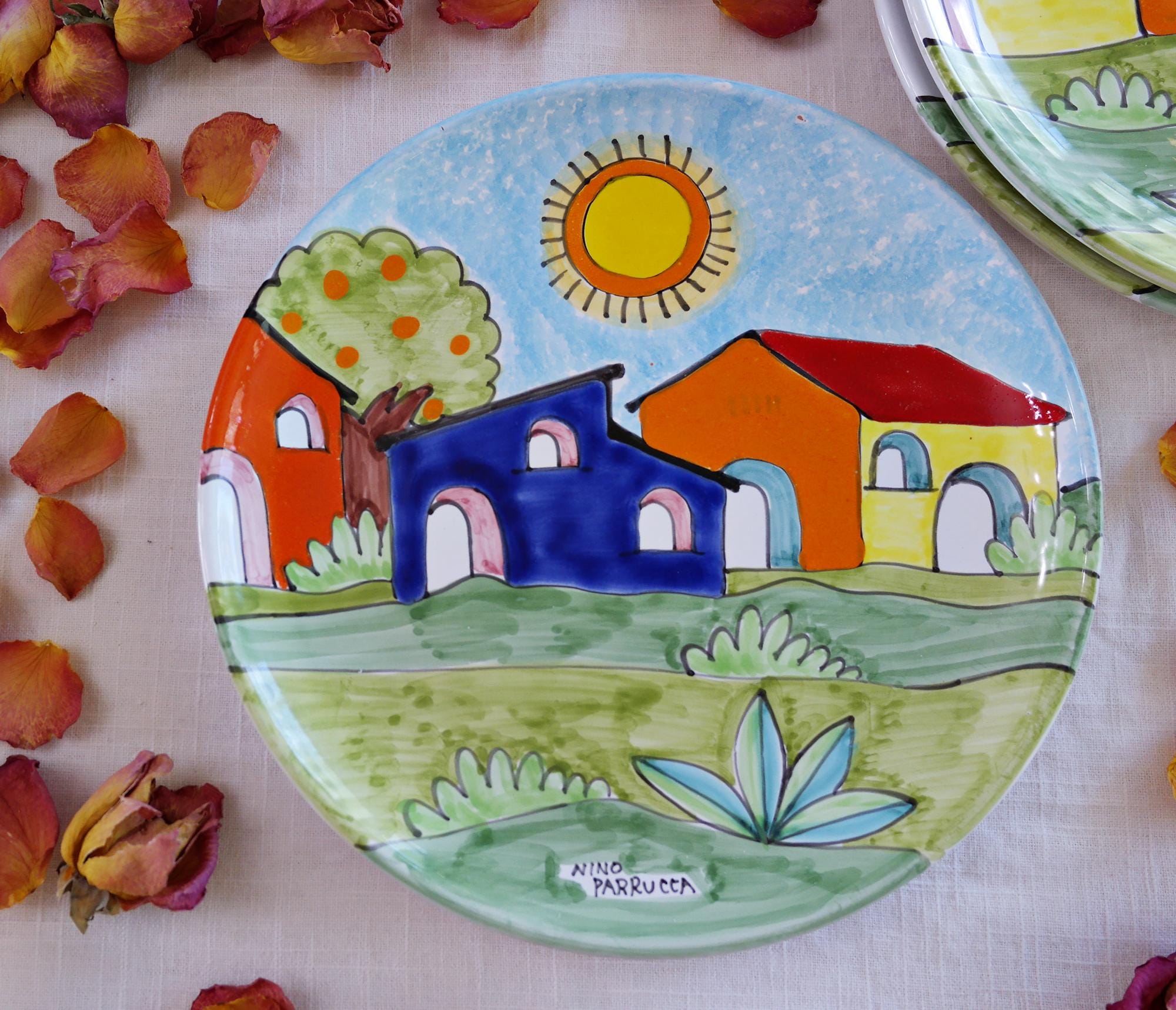 【イタリア製】NINO PARRUCCA ハンドペイント皿 2枚セット Nino Parrucca Italian Ceramic Plate: Hand-painted Village