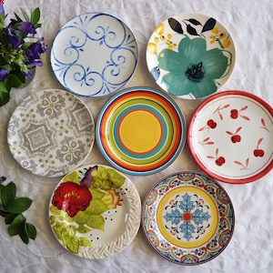 MISMATCHED CERAMIC PLATES - Size 8.5" to 9" - Salad Plates - Country Kitchen - Fiesta Party - Red Blue Green Teal Aqua - Priced Per Plate!