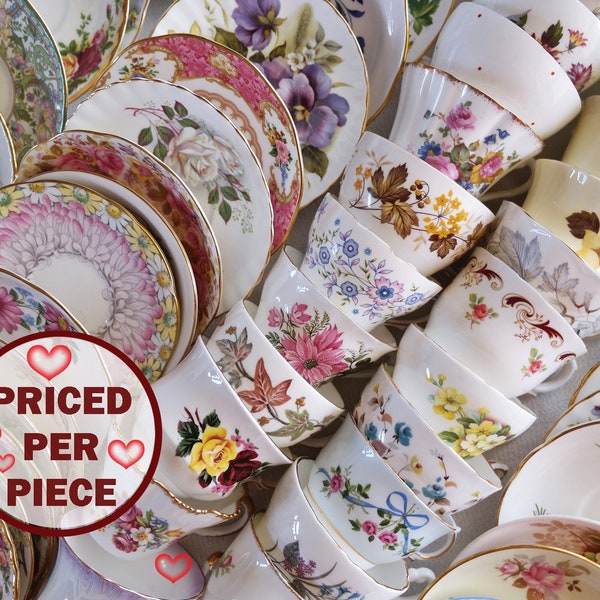 Bone China TASSEN & UNTERTELLER - Vintage Teeparty - Country Cottage Decor Mix - Nicht übereinstimmende englische Blumenmuster - England - Preis pro Stück!