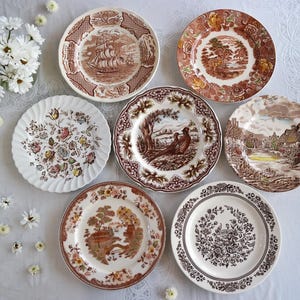 Brown White DINNER PLATES - Vintage Transferware - Mismatched China - Floral Scenic Patterns - Country Kitchen Wall Decor - Farmhouse Dining