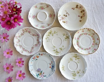 Limoges France SAUCERS - Vintage French Porcelain - Mismatched Floral Patterns - Pink Green Blue - Country Cottage Tea - Priced Per Saucer!