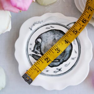 Anthropologie SAUCER - Size 6" - Forest Fiddler Pattern - French Artist Florence Balducci - Sleeping Fox Cat - Black Gray White - Porcelain image 2